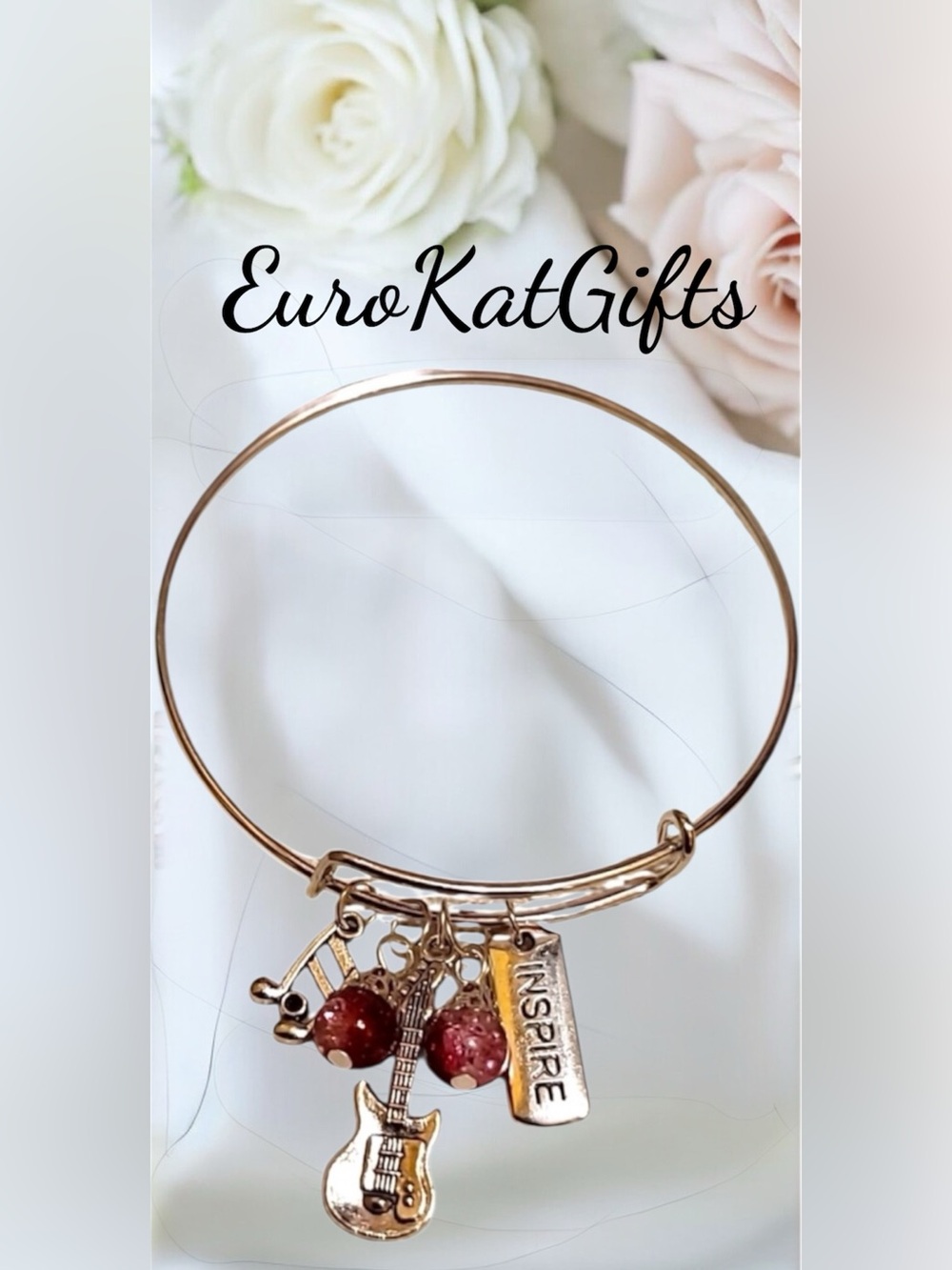 Elegant Charm Bracelet Guitar musical note charms and Red Accent beads NEW NWT